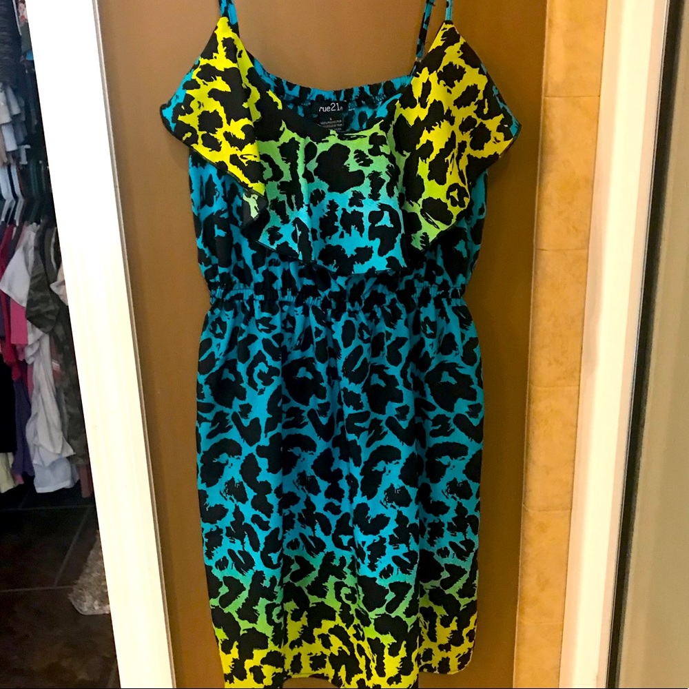 Blue and yellow cheetah print dress.